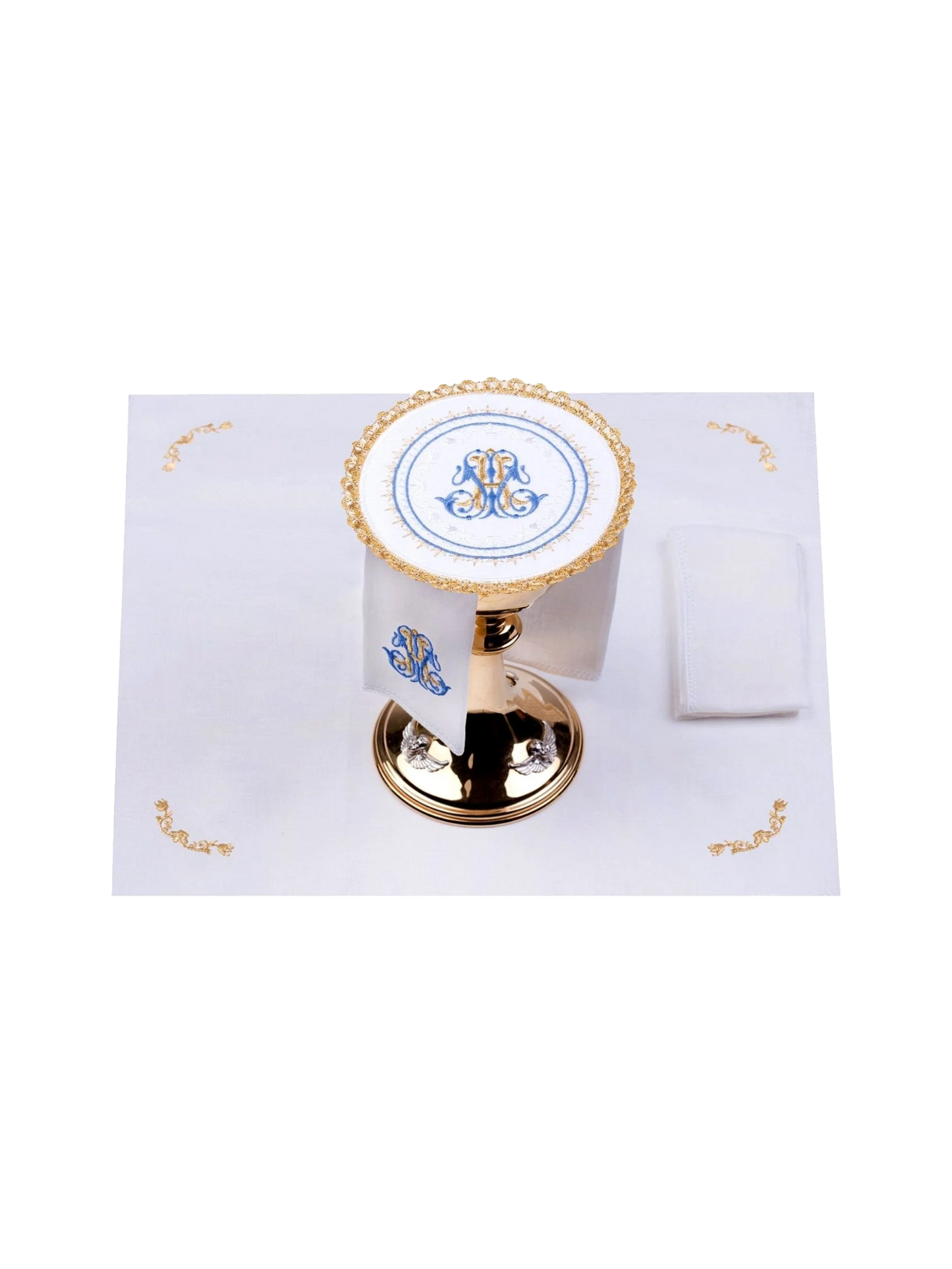 Juego de paños de lino redondeado con motivo mariano