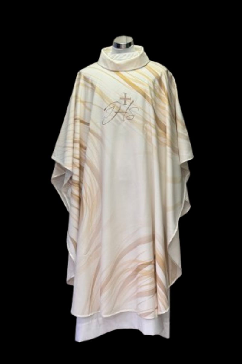 Casulla poliéster con diseño sublimado y bordado JHS