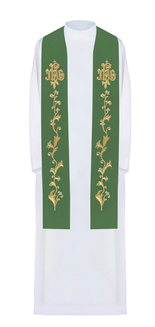 Estola sacerdotal bordada IHS en la cruz