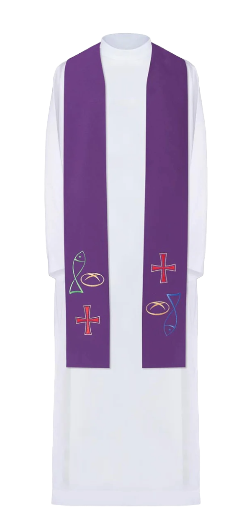 Estola sacerdotal bordada en color con cruz de pan y pez