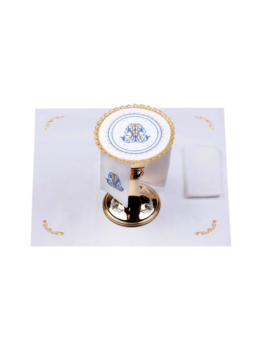 Juego de paños de lino redondeado con motivo mariano