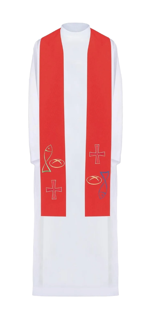 Estola sacerdotal bordada en color con cruz de pan y pez