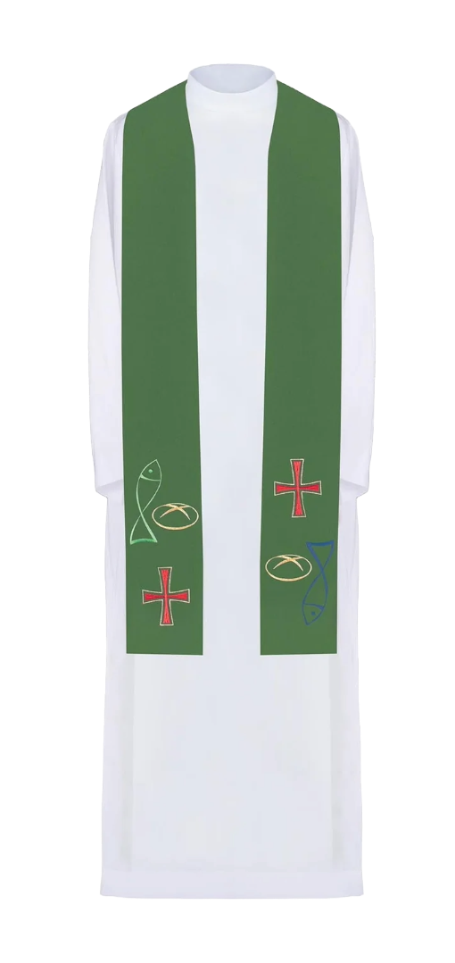 Estola sacerdotal bordada en color con cruz de pan y pez
