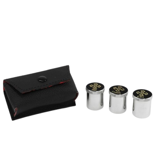 Juego de 3 crismeras con estuche de cuero