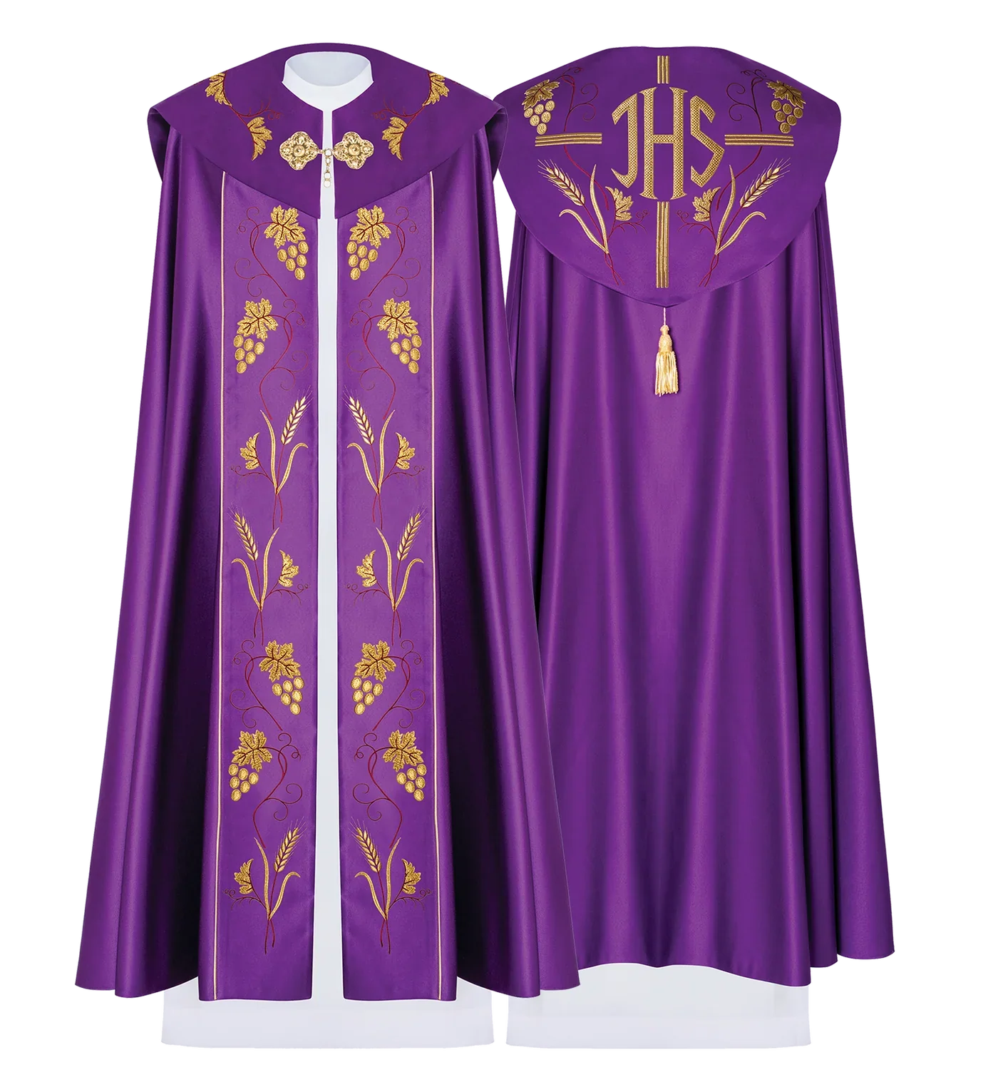 Capa pluvial morada con bordado de uvas doradas