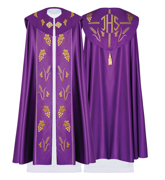 Capa pluvial morada con bordado de uvas doradas