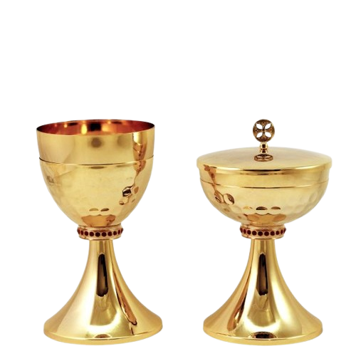 Cáliz y Copón nudo decorado con piedras rojas