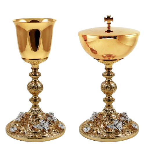 Cáliz y Copón de oro con ángeles plateados en su base